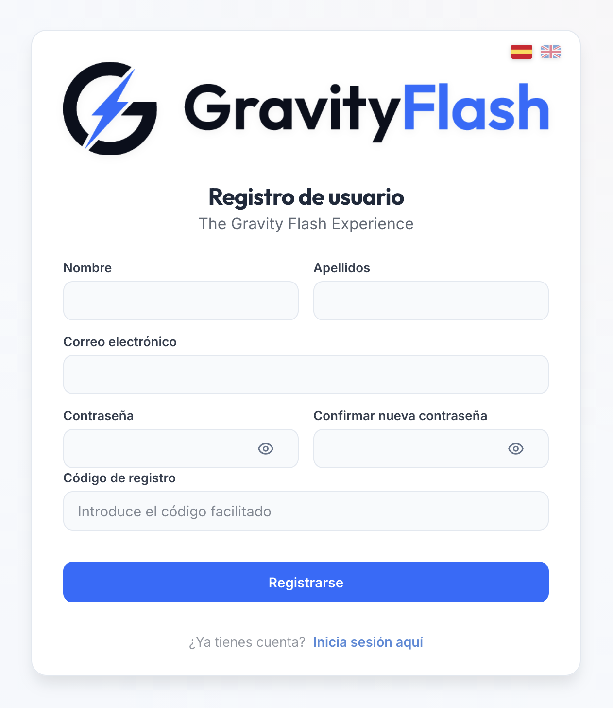 Registro en GravityFlash