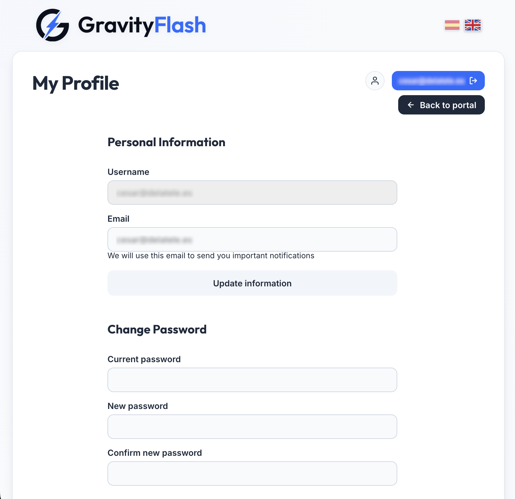 User profile in GravityFlash
